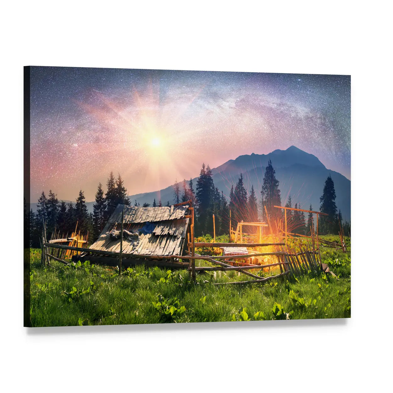 Mountain Cabin with Sheep Canvas Wall Art, single panel gallery wrapped canvas, angled product view