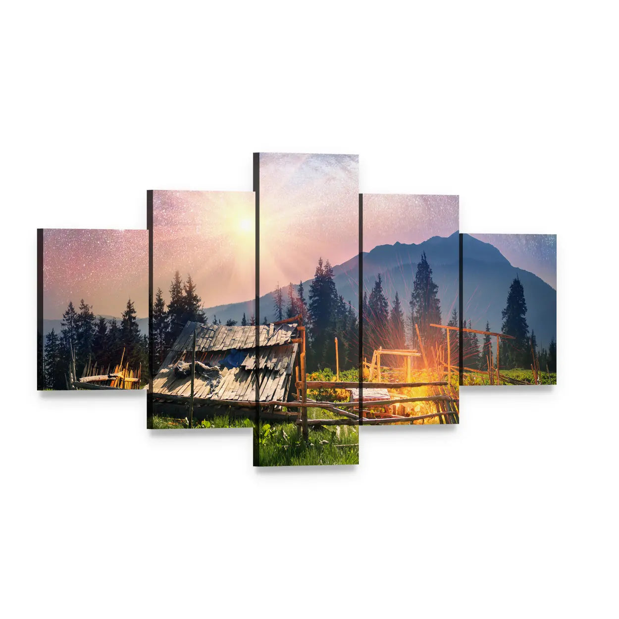 Mountain Cabin with Sheep Canvas Wall Art, 5 panel 5 Star layout gallery wrapped canvas set, angled product view
