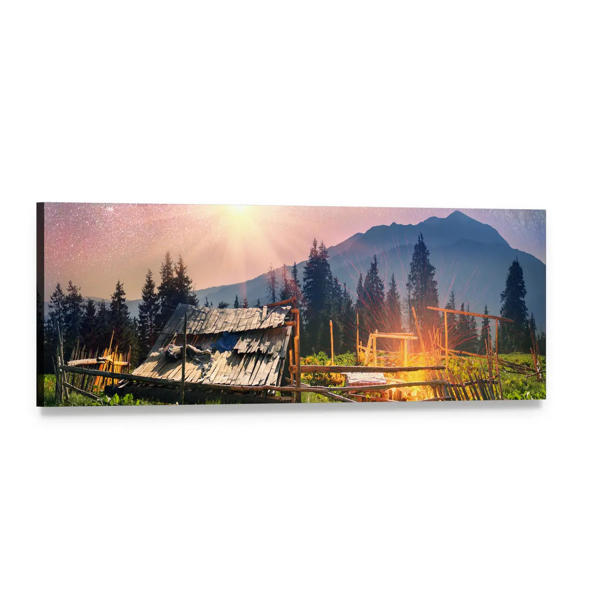 Sheep Home on Mountain Under Milky Way Panoramic Canvas Wall Art, single panel gallery wrapped canvas, angled product view