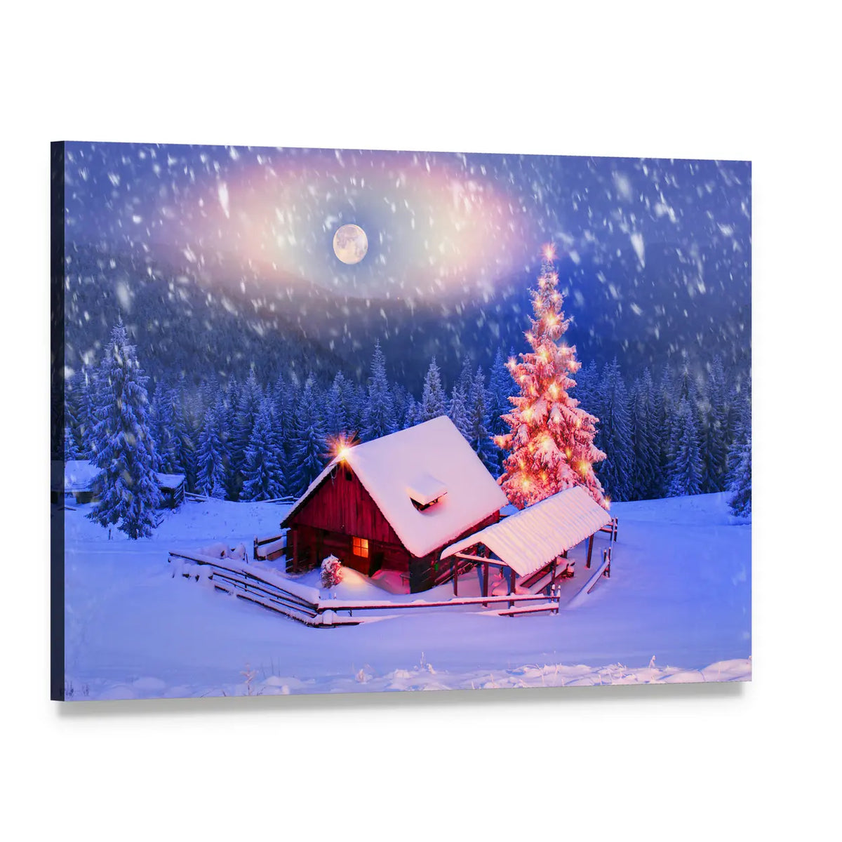 Snow-covered Cabin with Moonlit Christmas Tree Canvas Wall Art, single panel gallery wrapped canvas, angled product view