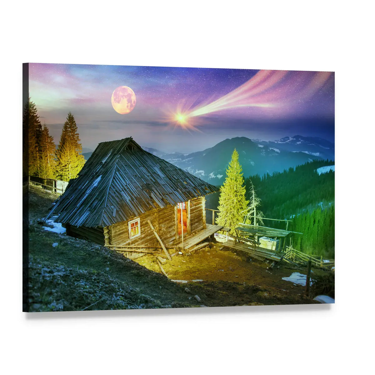Mountain Cabin Beneath Aurora Borealis Canvas Wall Art, single panel gallery wrapped canvas, angled product view