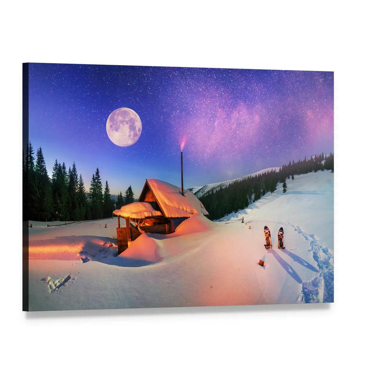 Moonlit Snow Cabin at Night Canvas Wall Art, single panel gallery wrapped canvas, angled product view