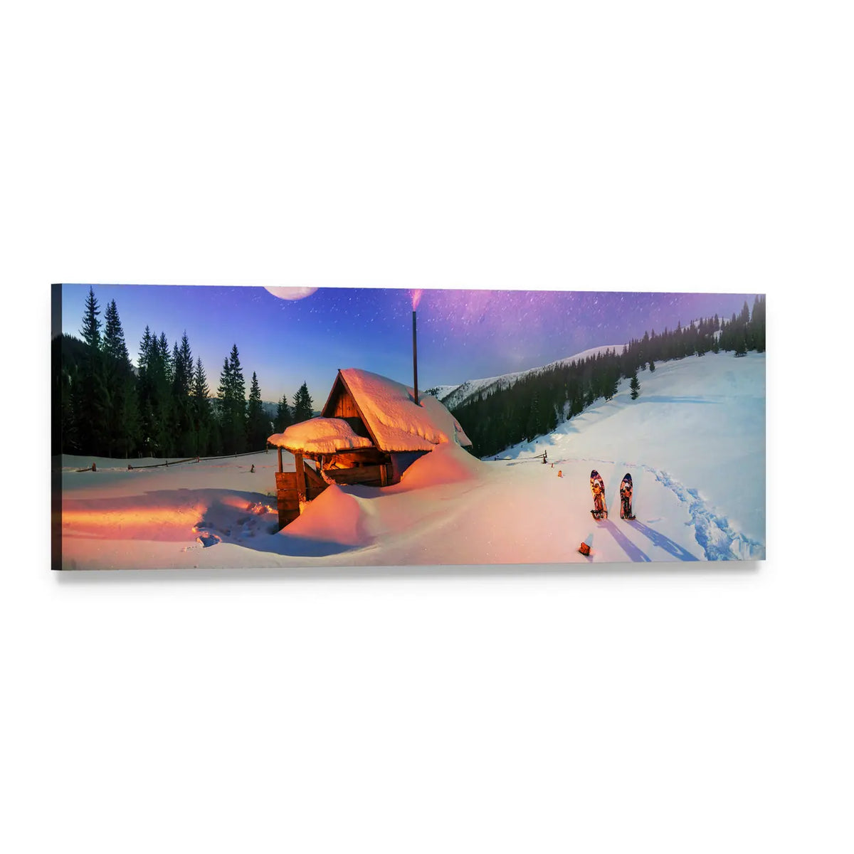 Winter Mountain Cabin Under Aurora Sky Panoramic Canvas Wall Art, single panel gallery wrapped canvas, angled product view