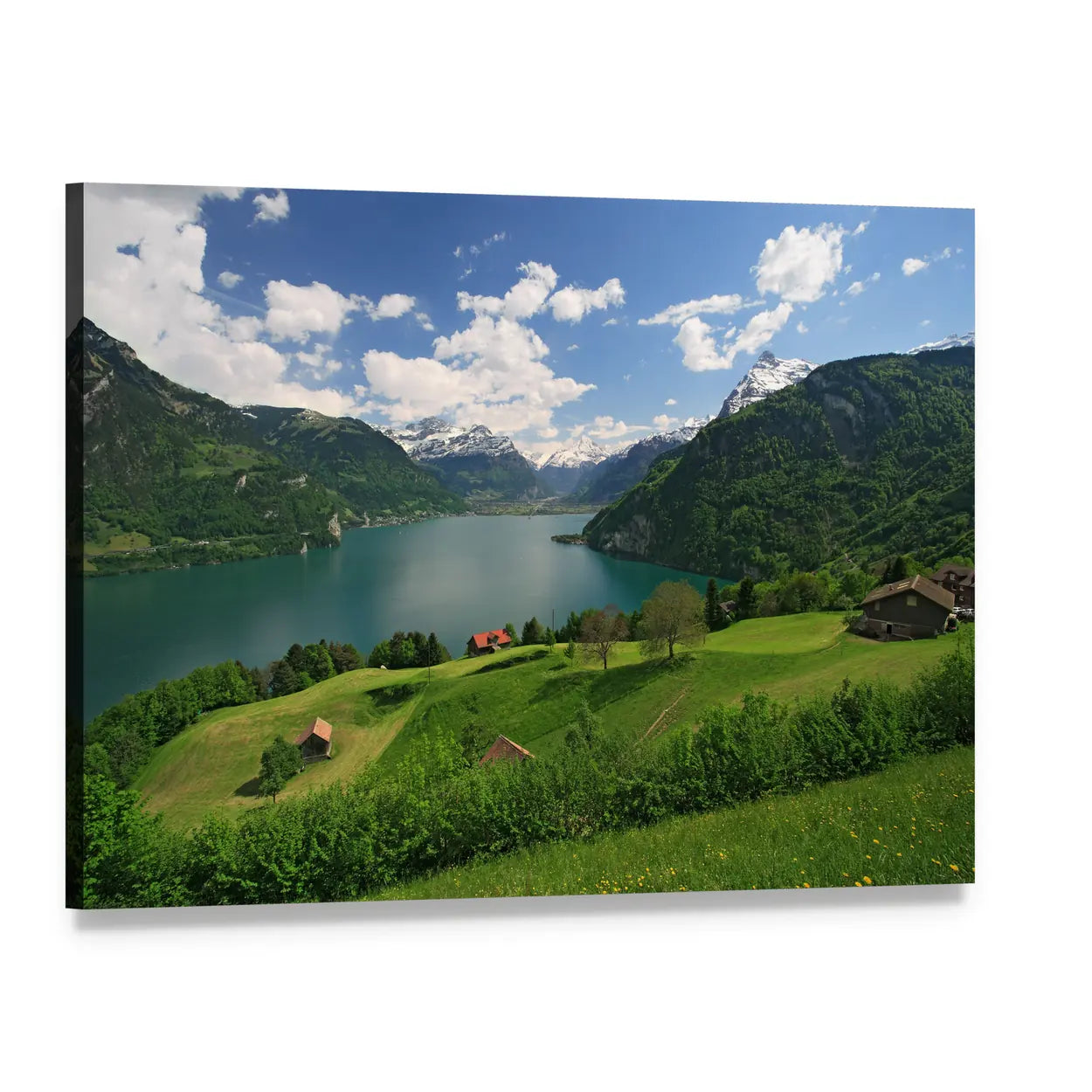Alpine Farms by Turquoise Lake Canvas Wall Art, single panel gallery wrapped canvas, angled product view