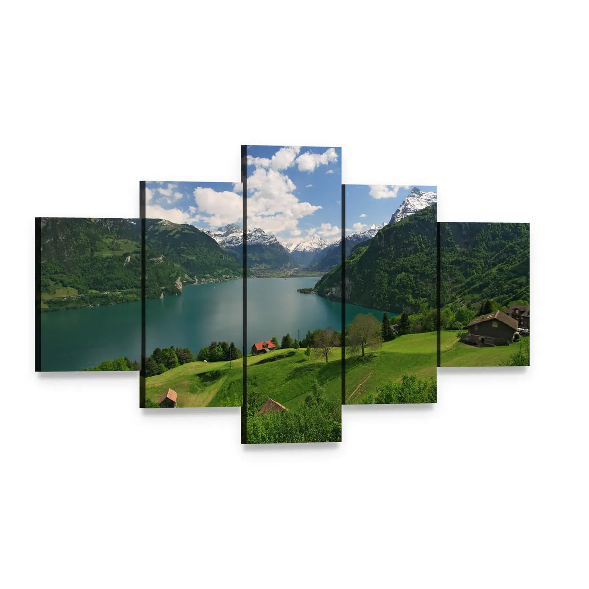 Farms by Lake Lucerne Canvas Wall Art, 5 panel 5 Star layout gallery wrapped canvas set, angled product view