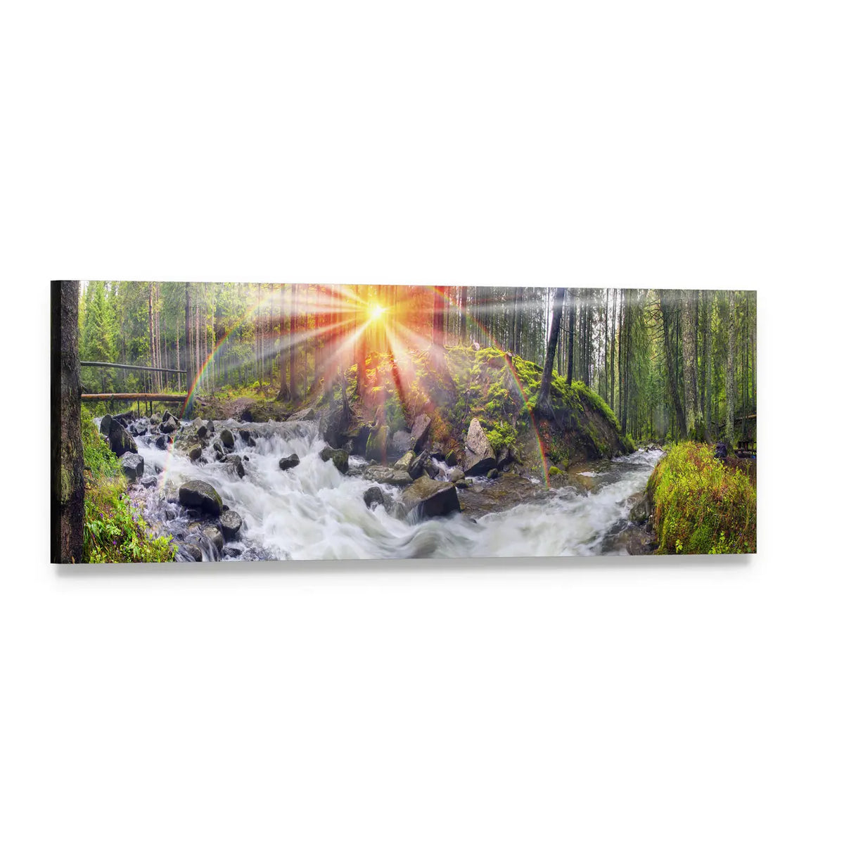 River at Sunrise in the Carpathian Forest Panoramic Canvas Wall Art, single panel gallery wrapped canvas, angled product view