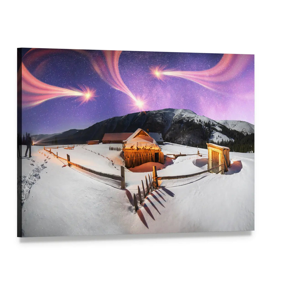 Carpathian Mountain Cabin Under Meteor Shower Canvas Wall Art, single panel gallery wrapped canvas, angled product view
