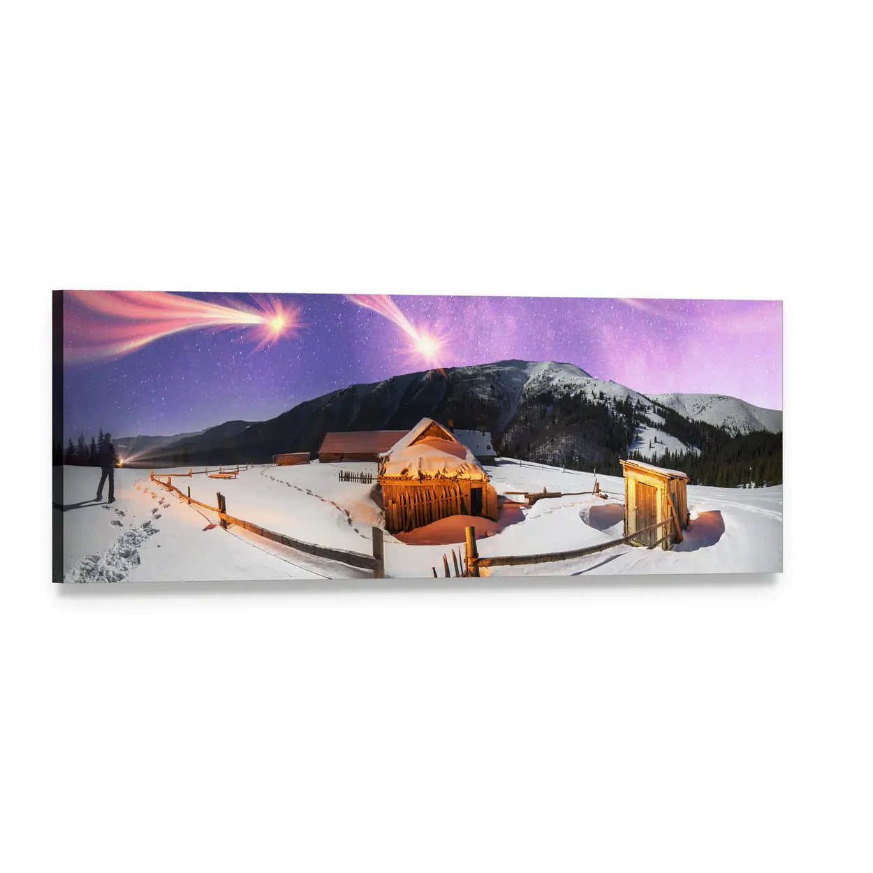 Carpathian Hrebet Night Cabin Panoramic Canvas Wall Art, single panel gallery wrapped canvas, angled product view