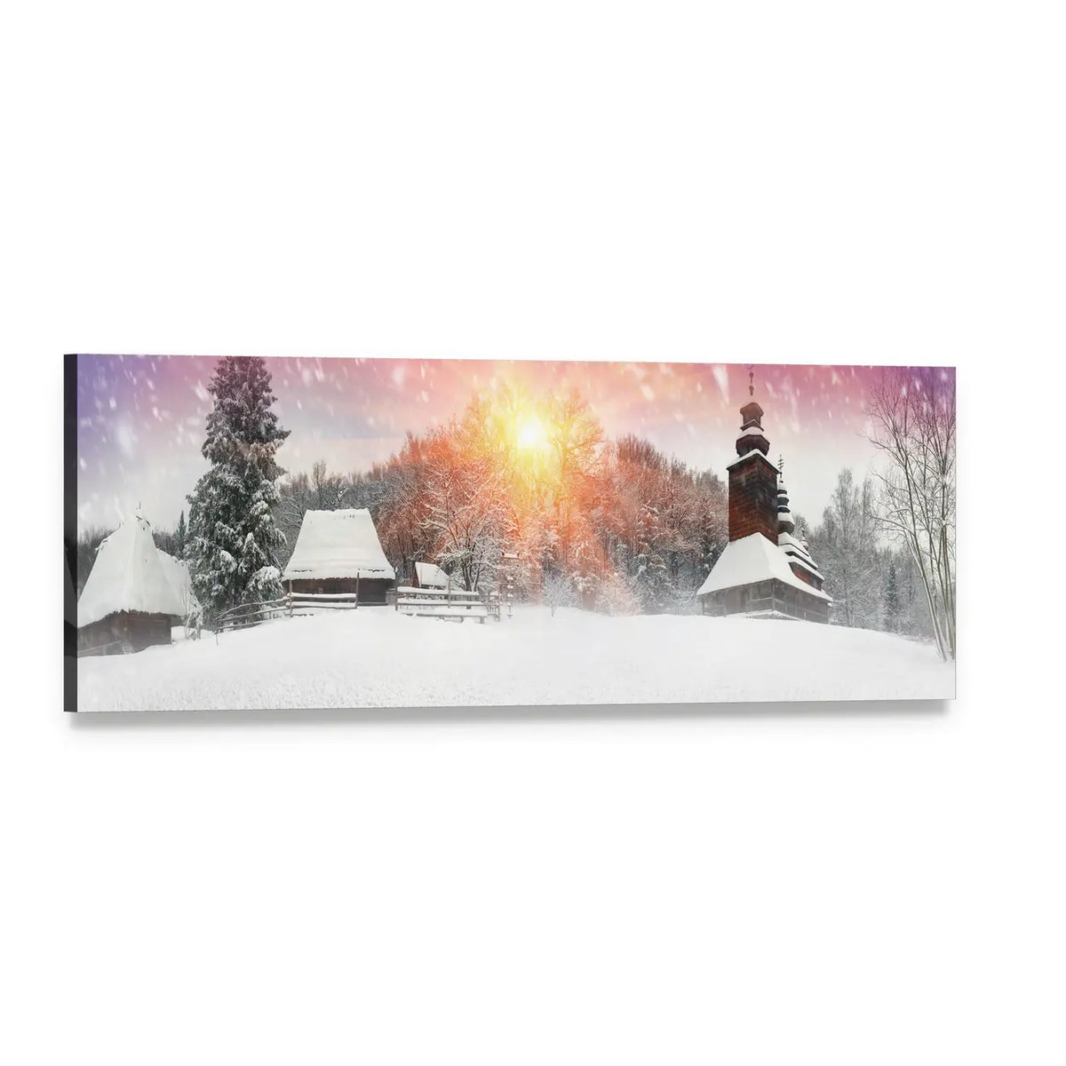 Wooden Church in Snowy Village at Sunrise Panoramic Canvas Wall Art, single panel gallery wrapped canvas, angled product view