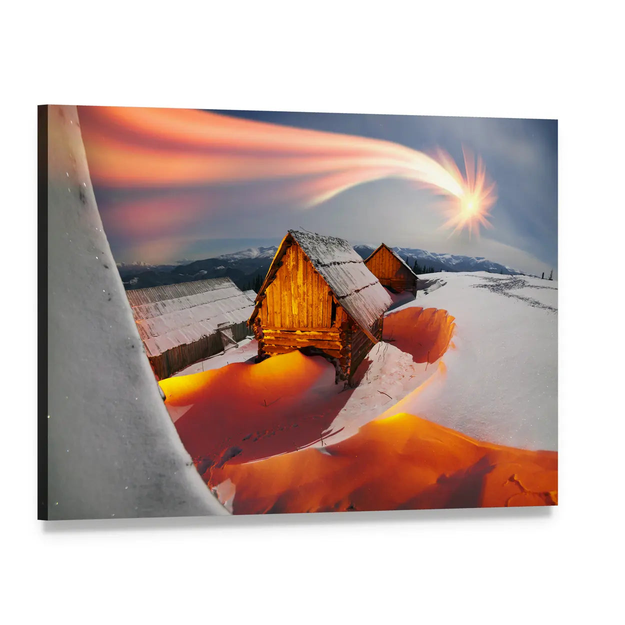 Sunset Over Snowy Alpine Cabins Canvas Wall Art, single panel gallery wrapped canvas, angled product view