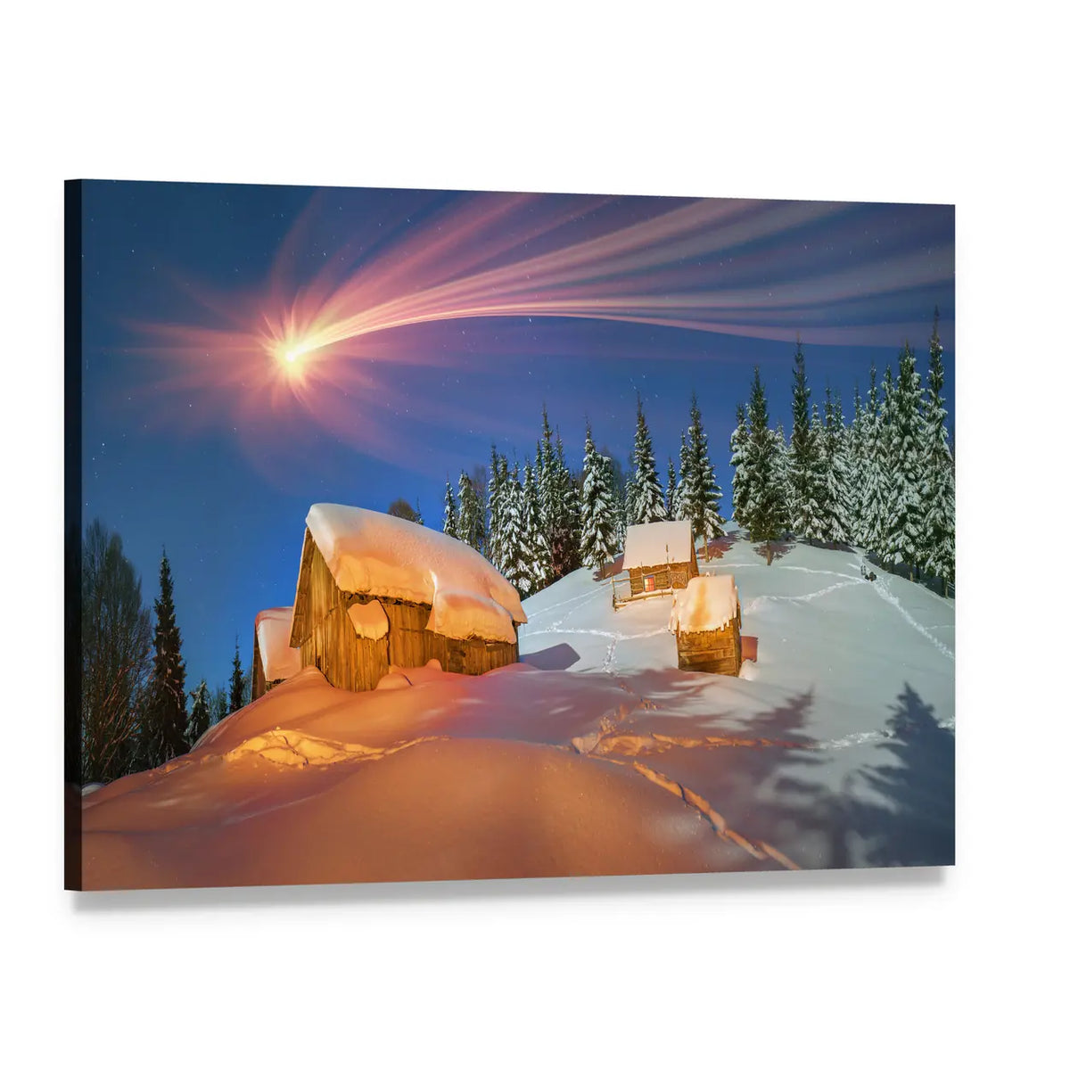 Snowy Mountain Huts Under Shooting Star Canvas Wall Art, single panel gallery wrapped canvas, angled product view