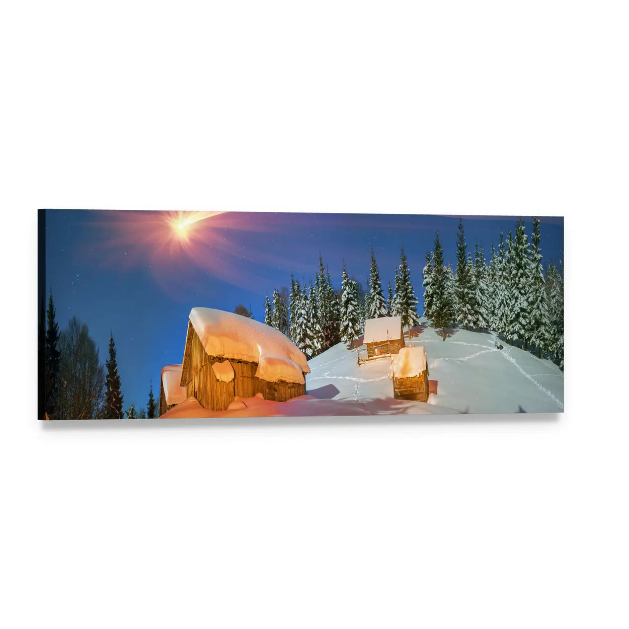 Snow-covered Cabins in the Carpathians Panoramic Canvas Wall Art, single panel gallery wrapped canvas, angled product view