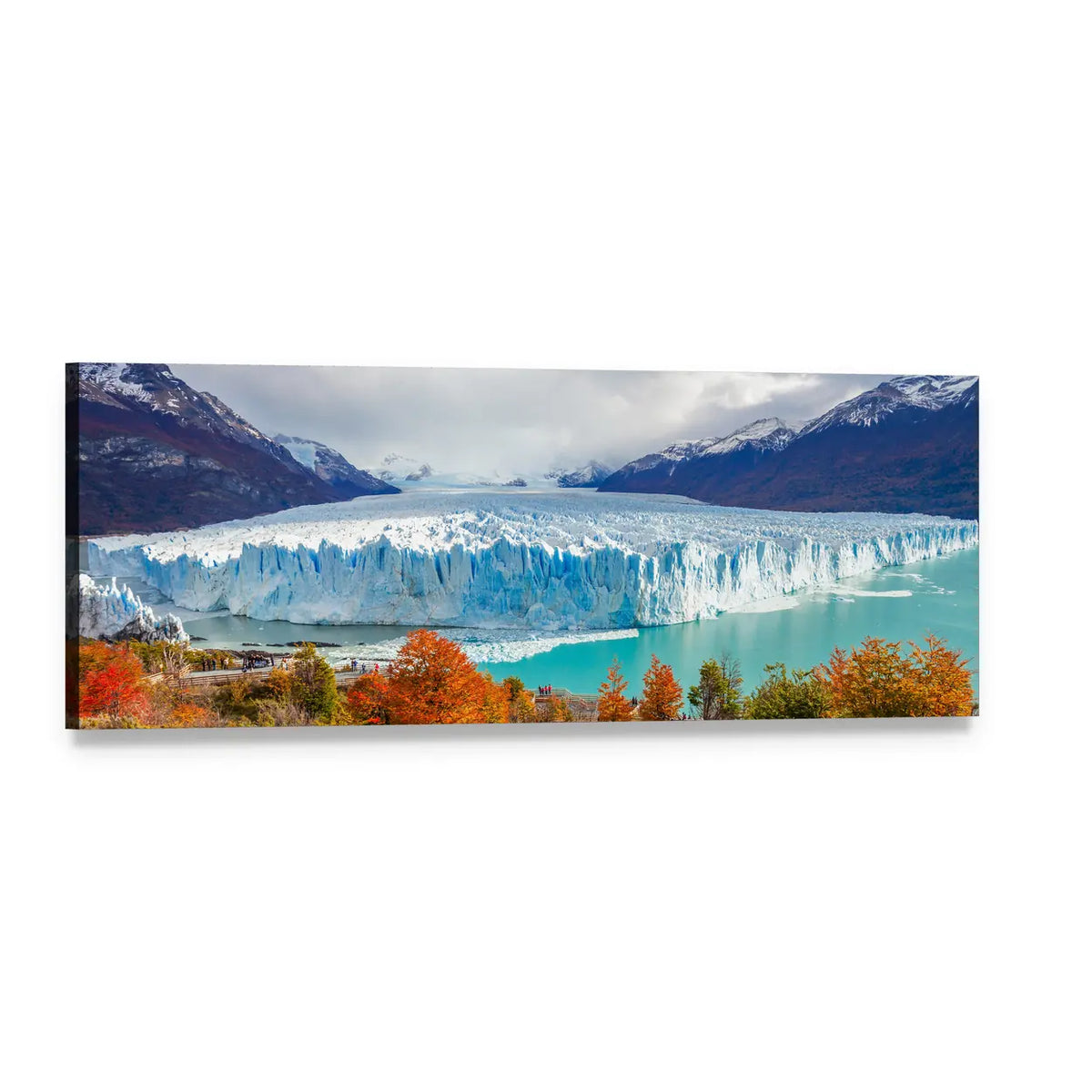 Perito Moreno Glacier Landscape Panoramic Canvas Wall Art, single panel gallery wrapped canvas, angled product view