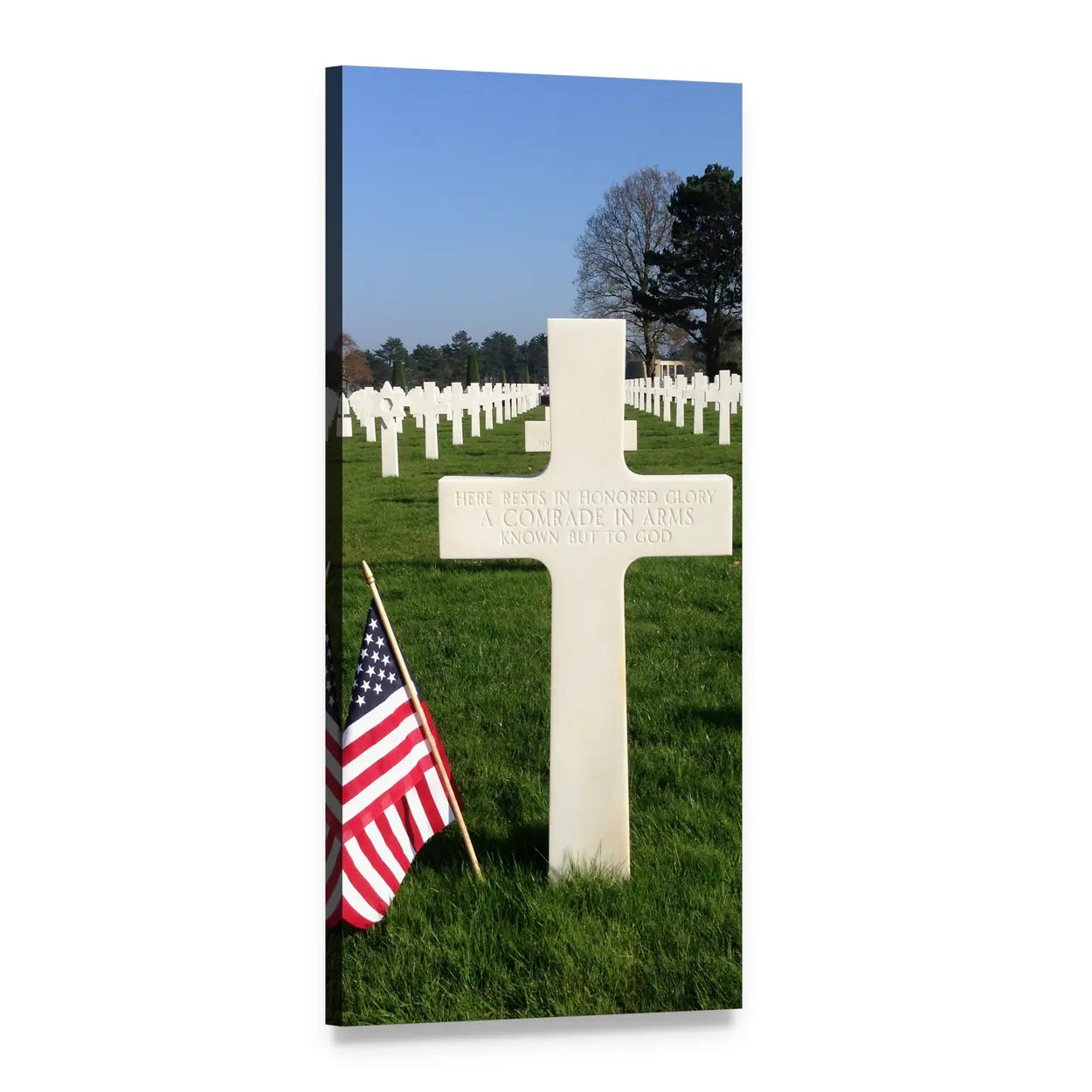 Normandy Cemetery with Inscribed Cross Vertical Canvas Wall Art, 1 panel 1 Vertical layout gallery wrapped canvas set, angled product view
