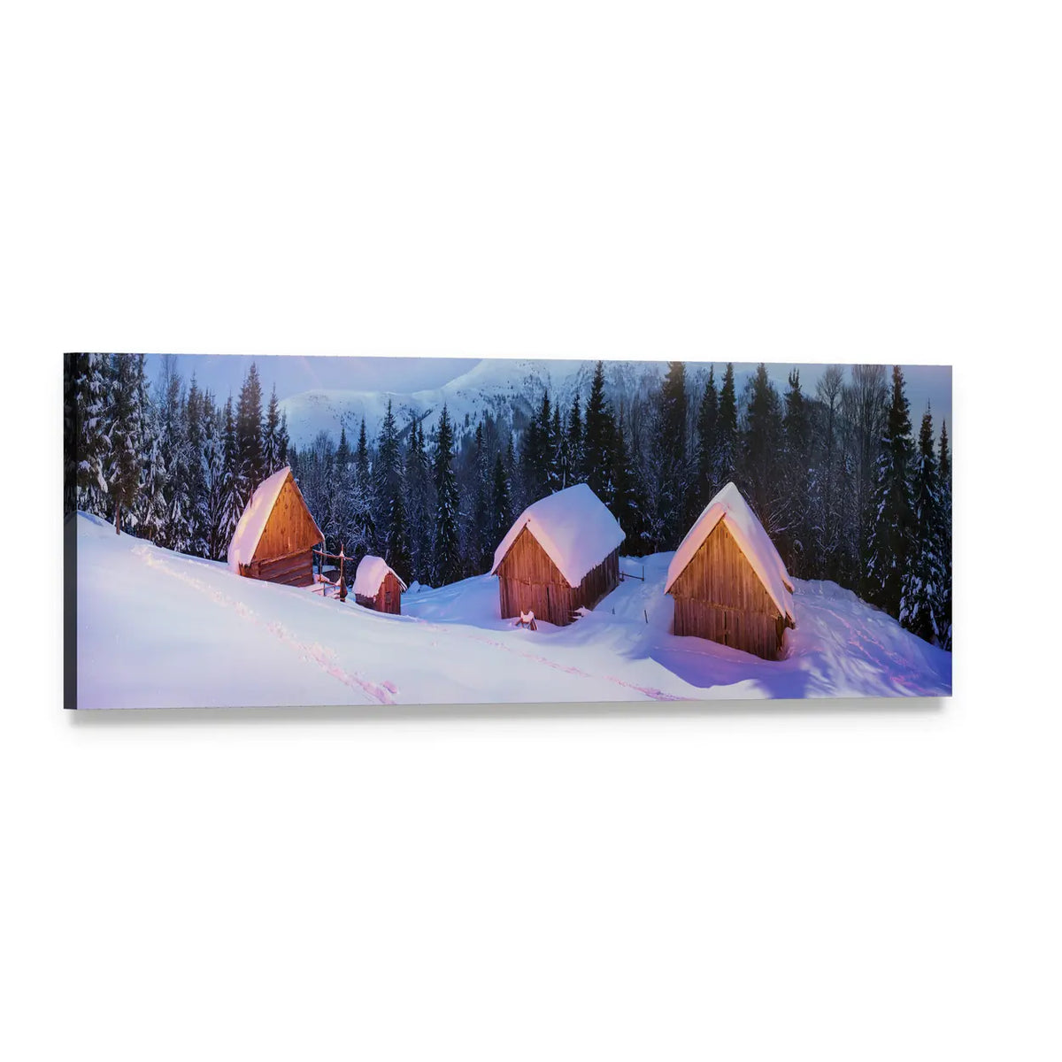 Carpathian Mountain Cabins at Sunrise Panoramic Canvas Wall Art, single panel gallery wrapped canvas, angled product view