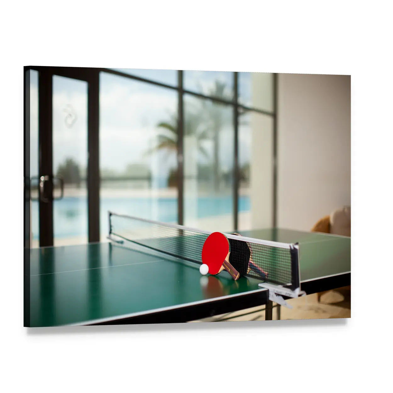 Table Tennis Paddles and Ball on Green Table Canvas Wall Art, single panel gallery wrapped canvas, angled product view