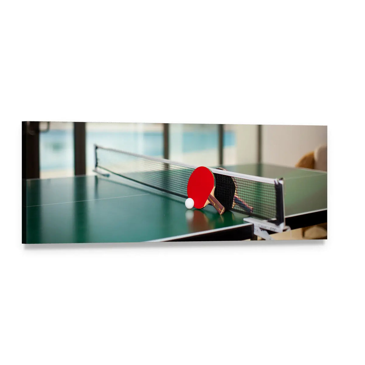 Table Tennis Rackets and Ball on Table Panoramic Canvas Wall Art, single panel gallery wrapped canvas, angled product view