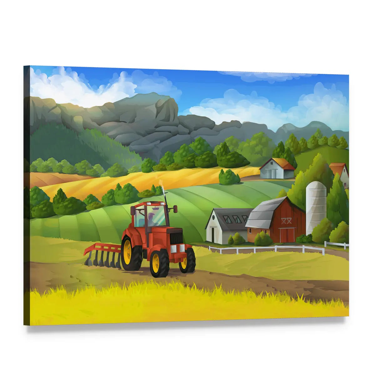 Red Tractor on Sunny Farm Landscape Canvas Wall Art, single panel gallery wrapped canvas, angled product view