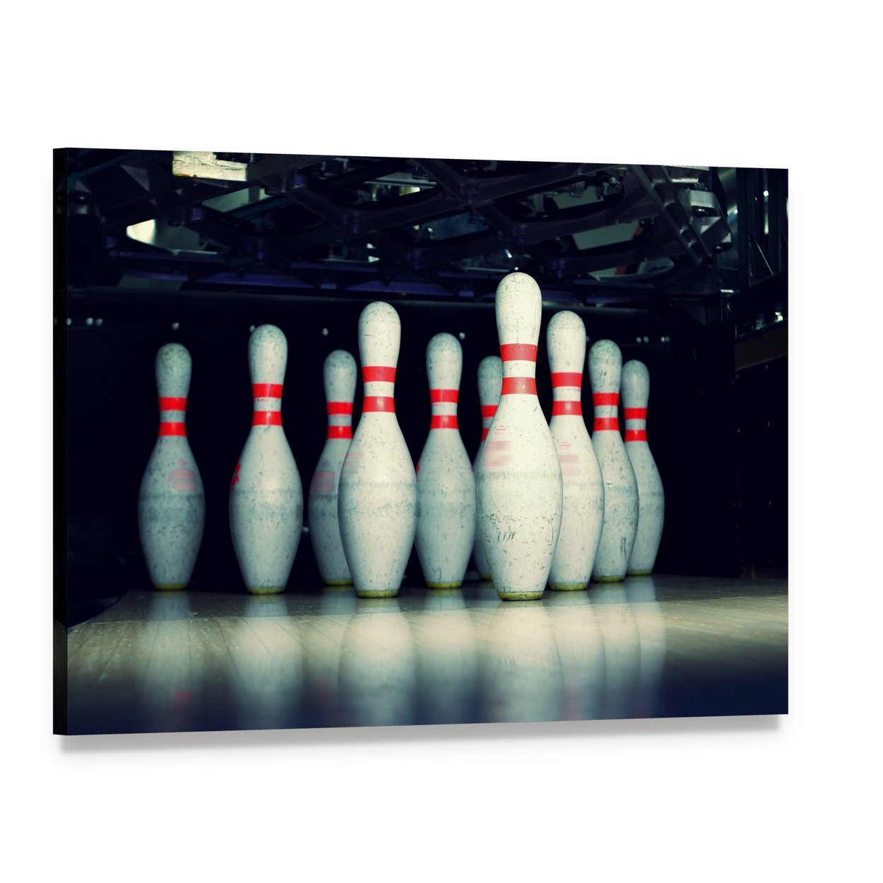 Bowling Pins Closeup Canvas Wall Art, single panel gallery wrapped canvas, angled product view