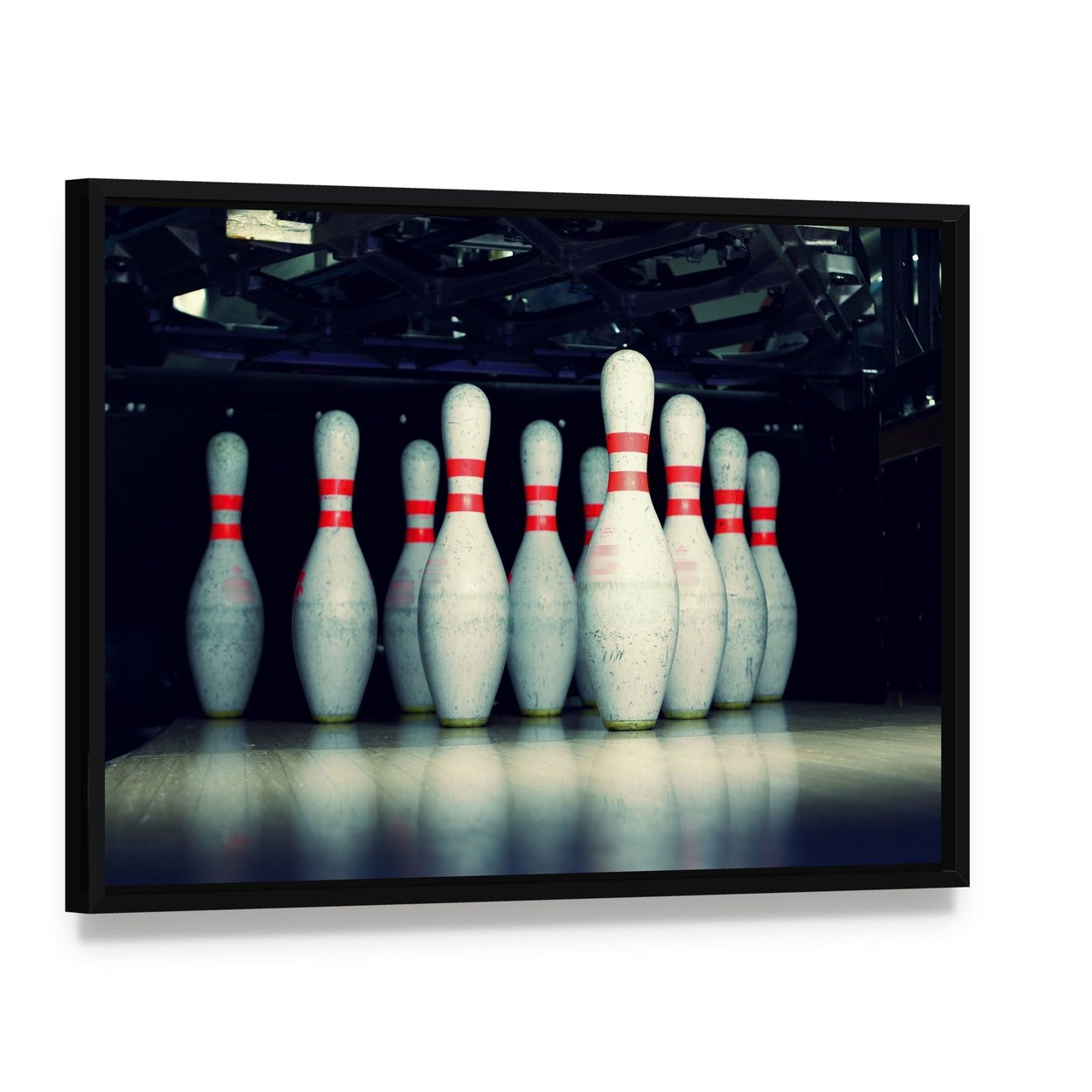 Bowling Pins Closeup Canvas Wall Art, framed canvas in a black floater frame, angled product view