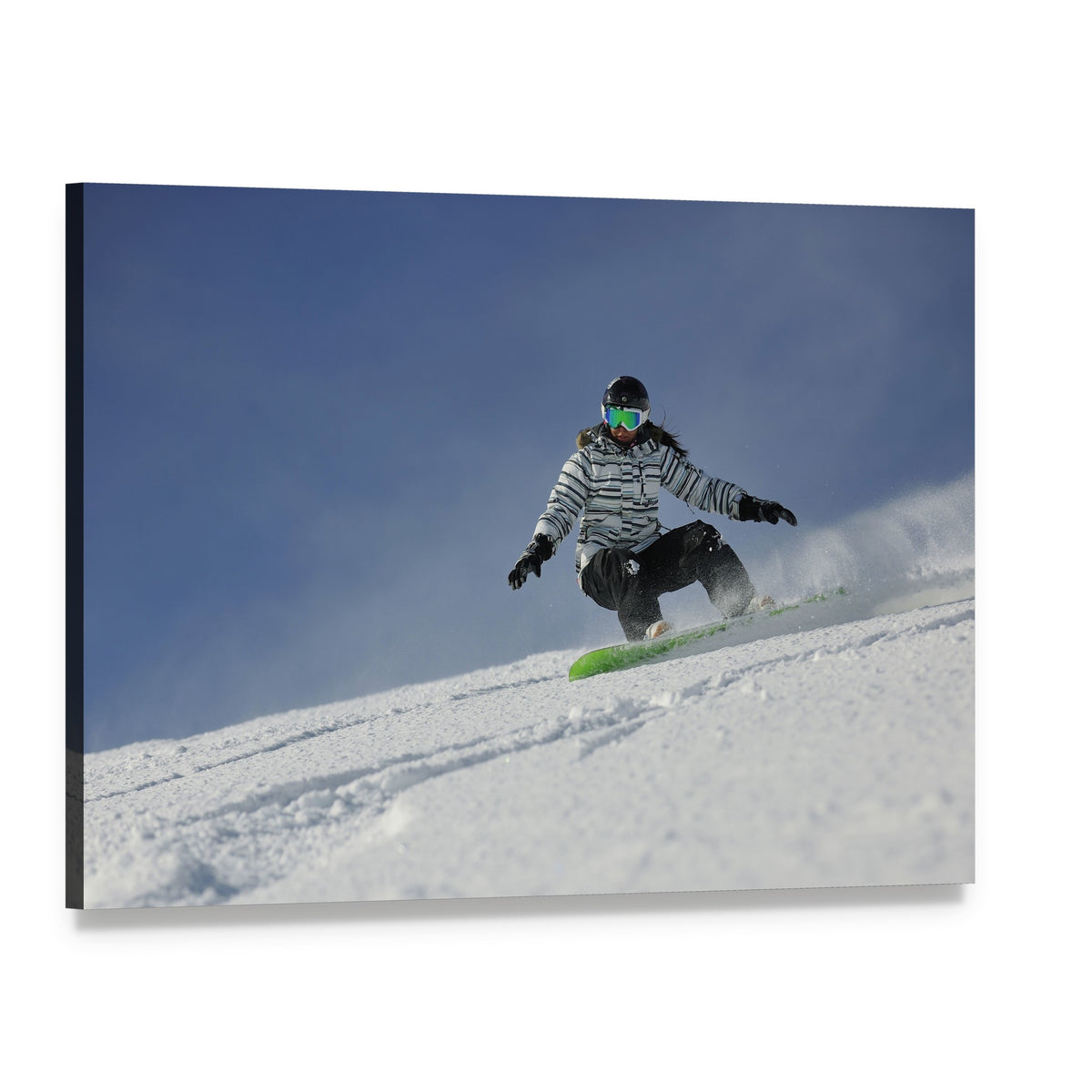 Snowboard Woman Racing Downhill Slope Canvas Wall Art, single panel gallery wrapped canvas, angled product view
