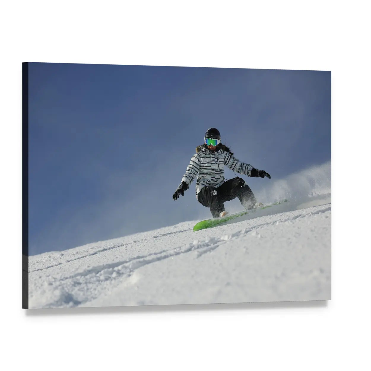 Female Snowboarder Racing Downhill Canvas Wall Art, single panel gallery wrapped canvas, angled product view
