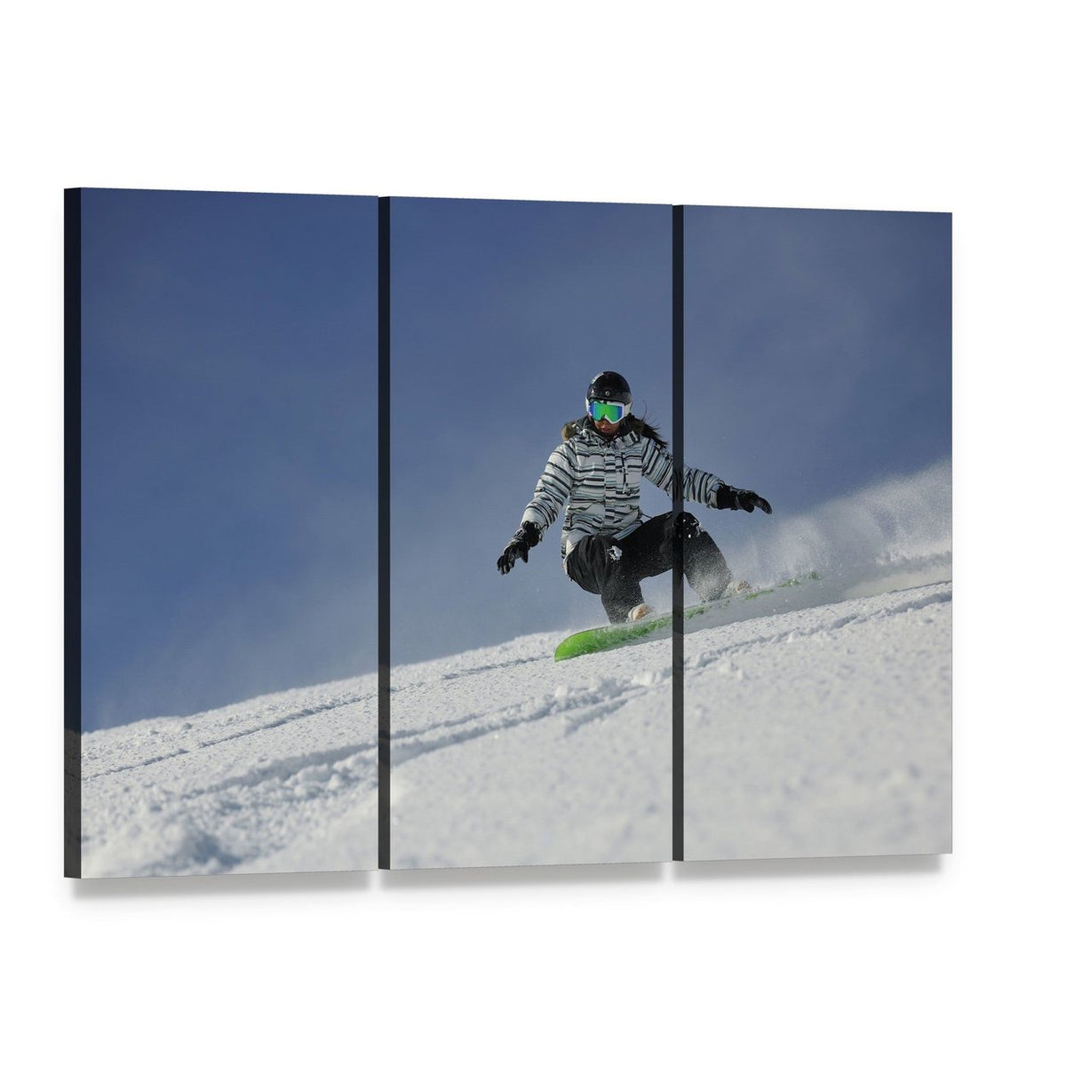 Snowboard Woman Racing Downhill Slope Canvas Wall Art, 3 panel 3 Horizontal layout gallery wrapped canvas set, angled product view