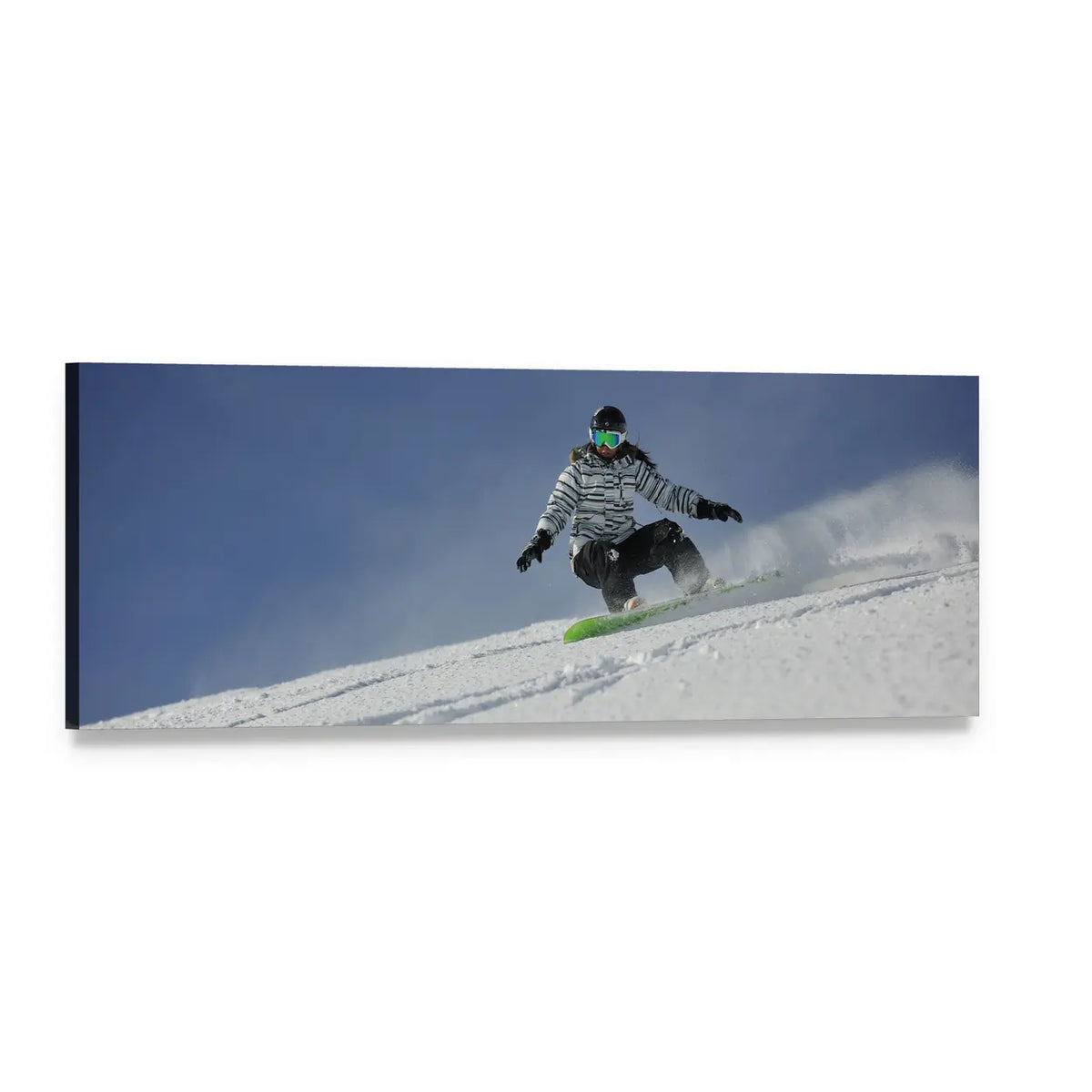 Snowboarder Racing Downhill Panoramic Canvas Wall Art, single panel gallery wrapped canvas, angled product view