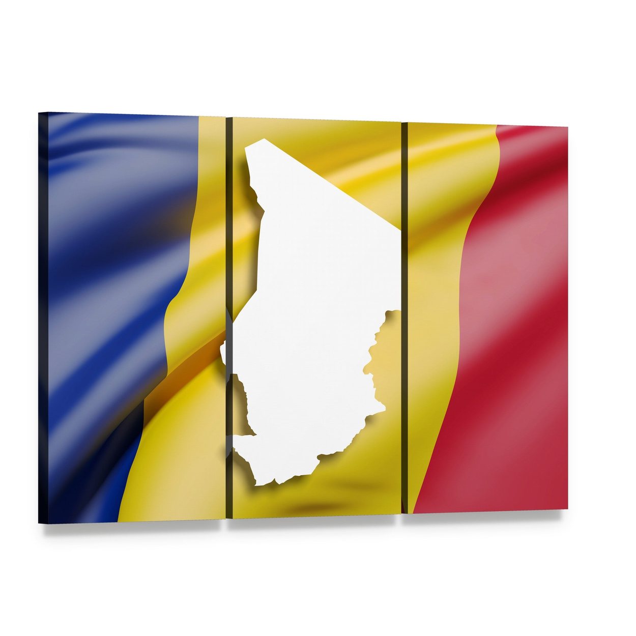 Chad Map and Flag Canvas Wall Art, 3 panel 3 Horizontal layout gallery wrapped canvas set, angled product view