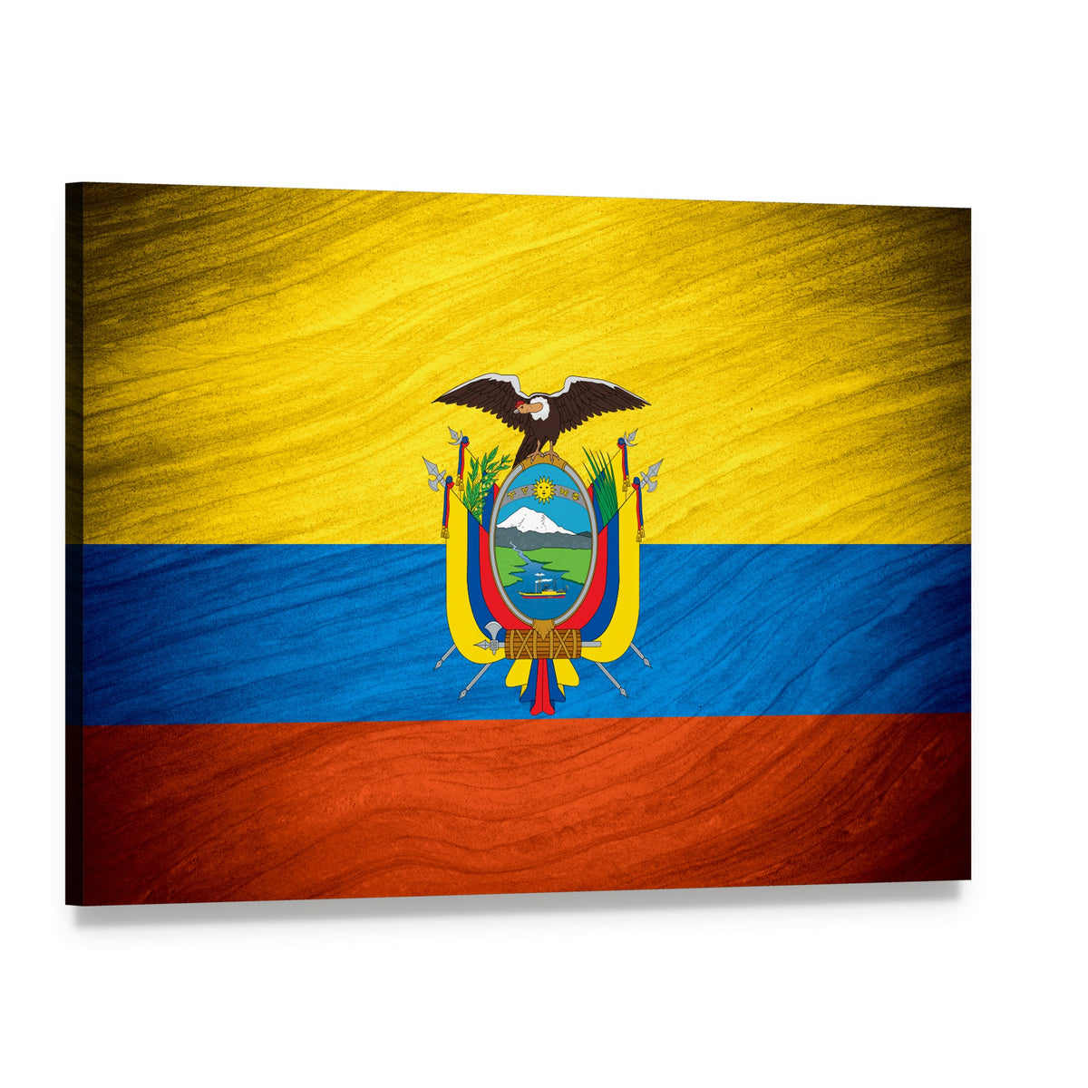 Ecuadorian Flag with Coat of Arms Canvas Wall Art, single panel gallery wrapped canvas, angled product view