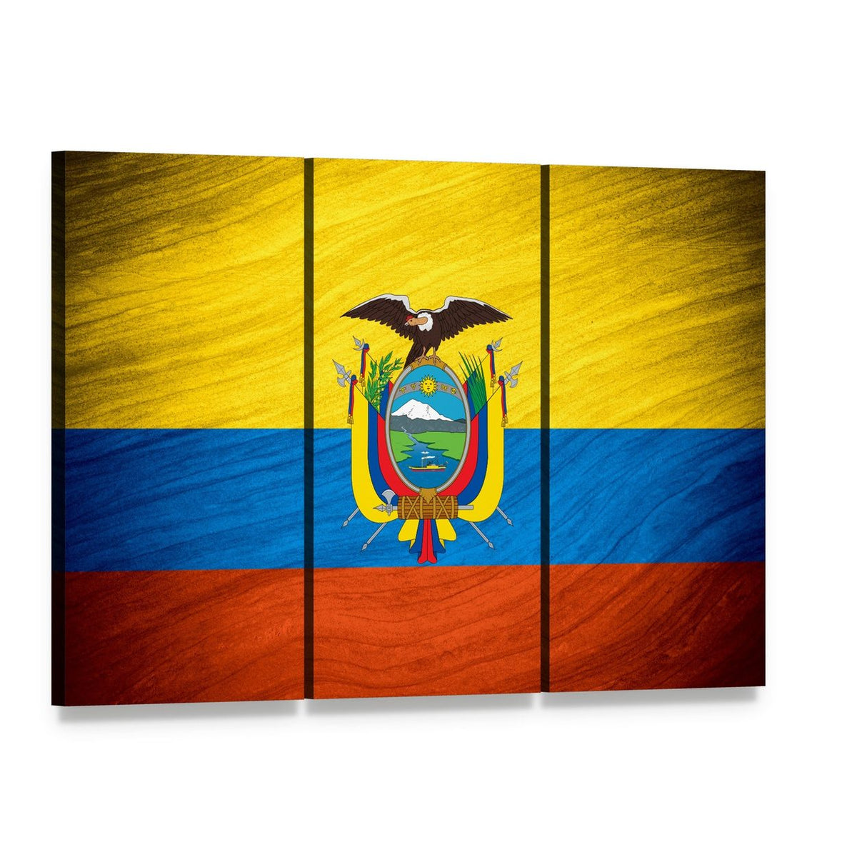 Ecuadorian Flag with Coat of Arms Canvas Wall Art, 3 panel 3 Horizontal layout gallery wrapped canvas set, angled product view