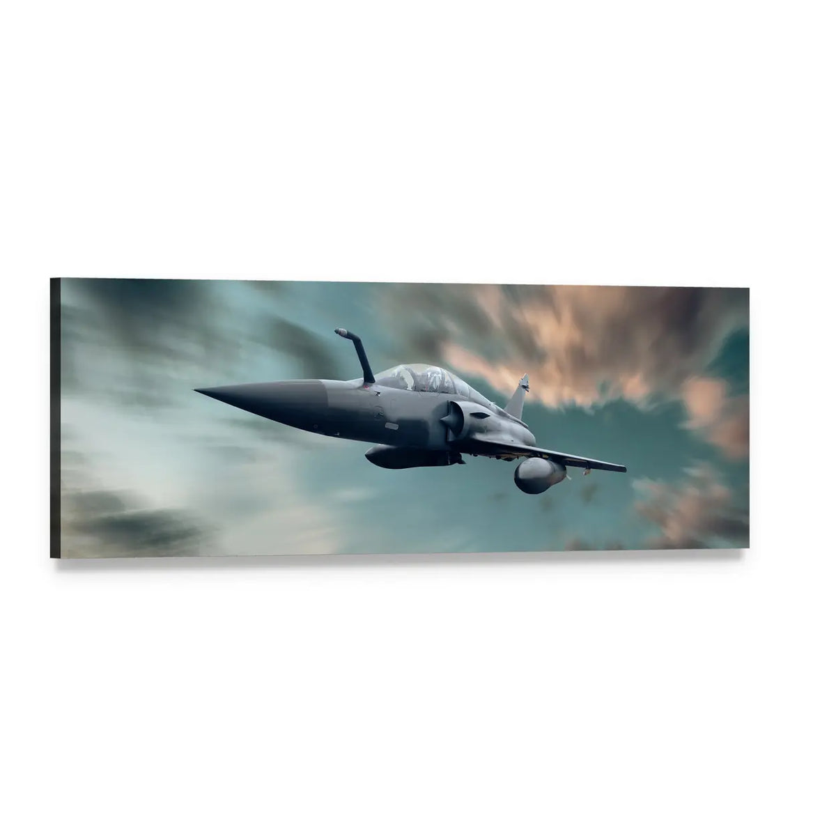 Delta-wing Fighter Jet at Sunset Panoramic Canvas Wall Art, single panel gallery wrapped canvas, angled product view