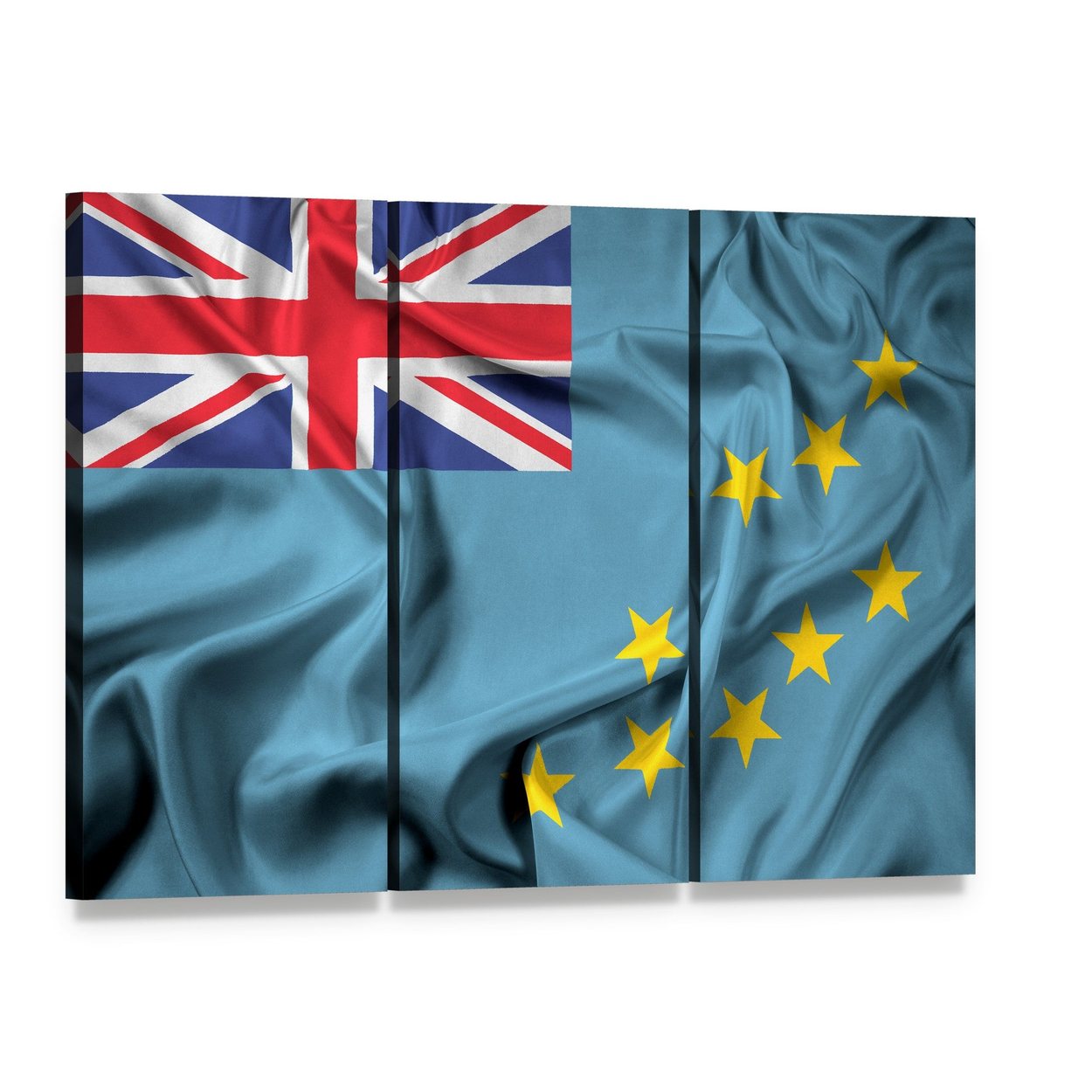 Waving Tuvalu Flag Canvas Wall Art, 3 panel 3 Horizontal layout gallery wrapped canvas set, angled product view