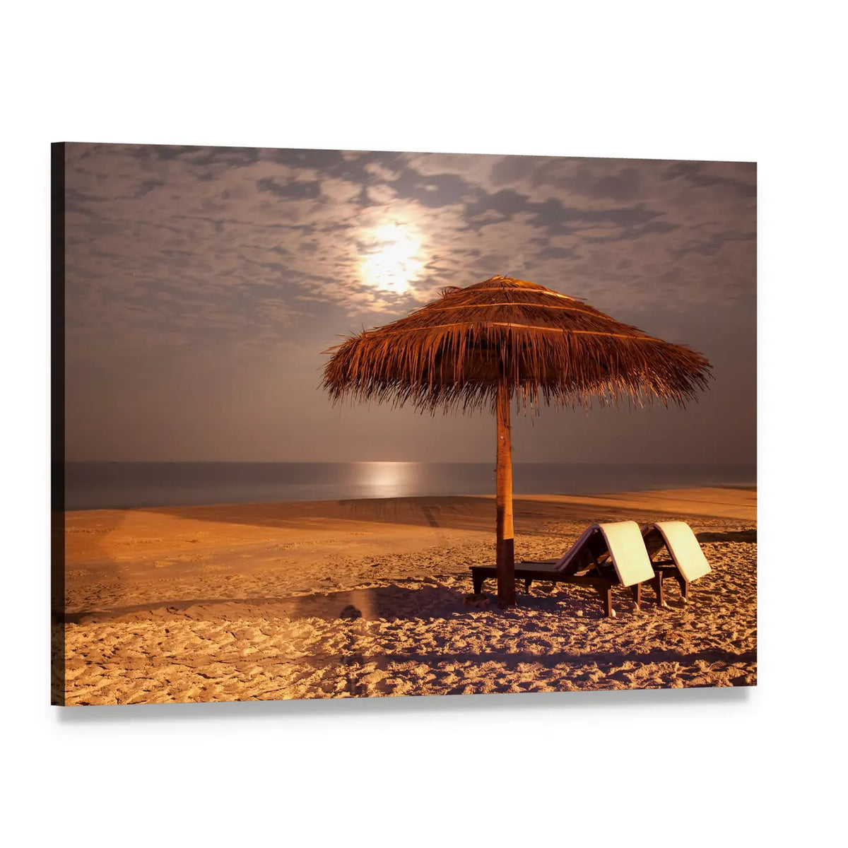 Moonlit Beach with Two Chairs Canvas Wall Art, single panel gallery wrapped canvas, angled product view