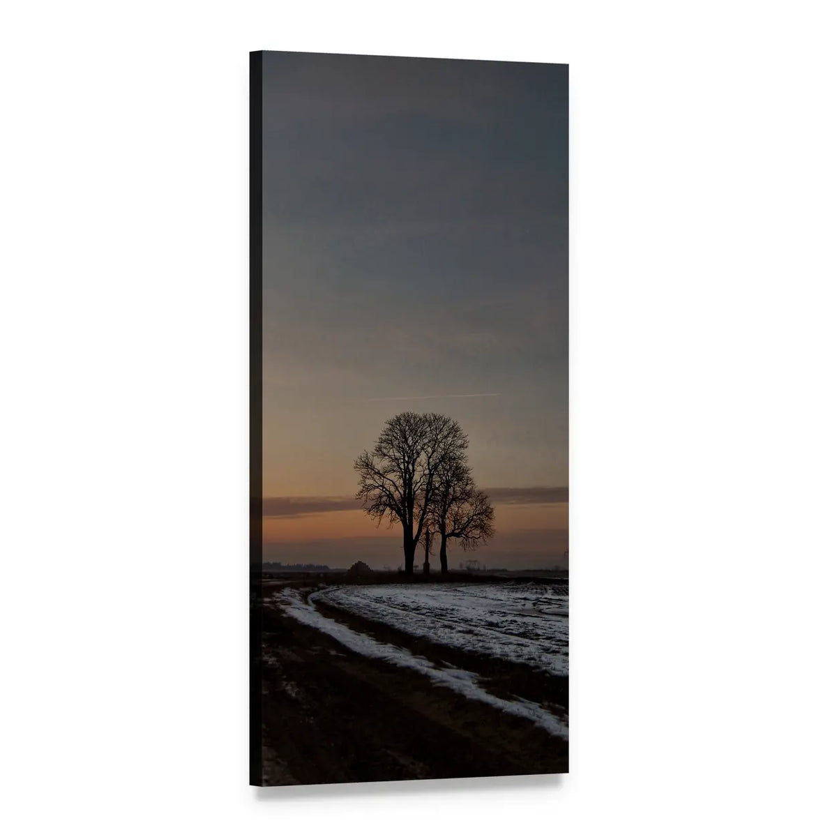Winding Winter Path at Dusk Vertical Canvas Wall Art, 1 panel 1 Vertical layout gallery wrapped canvas set, angled product view