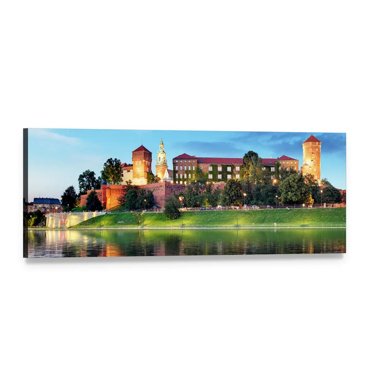 Wawel Royal Castle at Night Panoramic Canvas Wall Art, single panel gallery wrapped canvas, angled product view