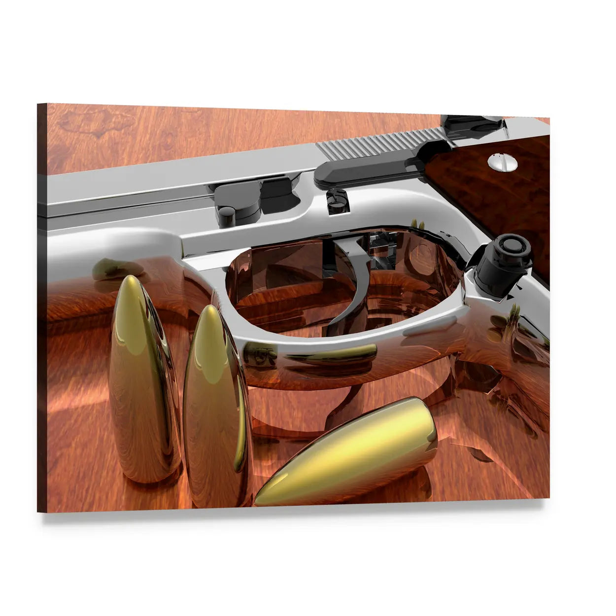 Chrome Pistol with Gold Bullets Canvas Wall Art, single panel gallery wrapped canvas, angled product view