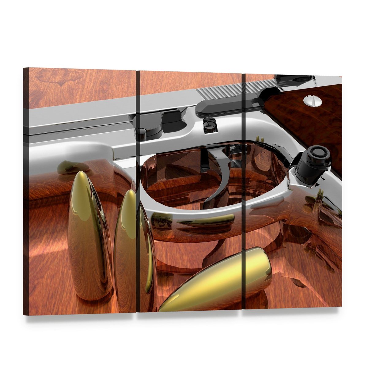 Gun with Bullets on Table Canvas Wall Art, 3 panel 3 Horizontal layout gallery wrapped canvas set, angled product view