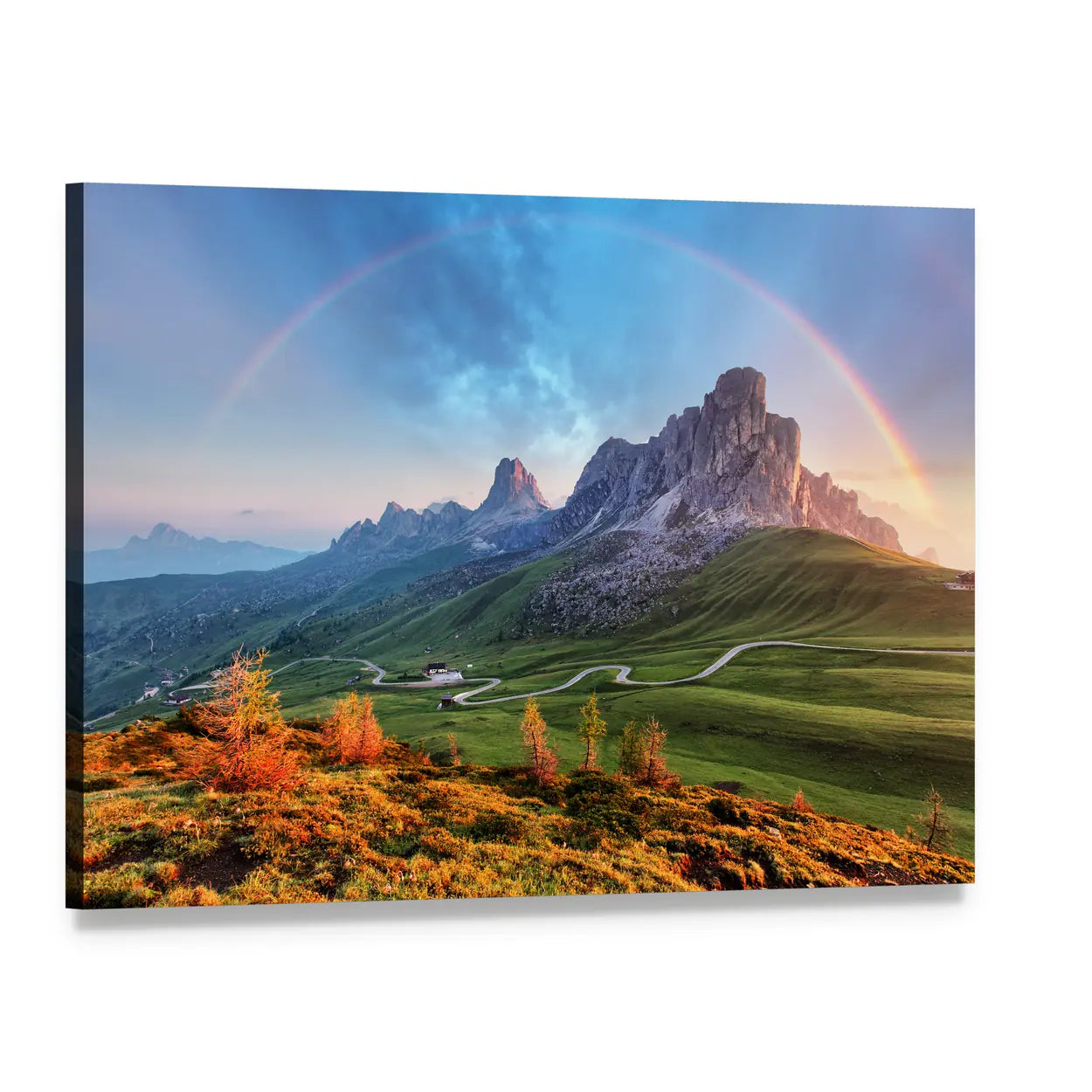 Rainbow Over Jagged Mountain Pass Canvas Wall Art, single panel gallery wrapped canvas, angled product view