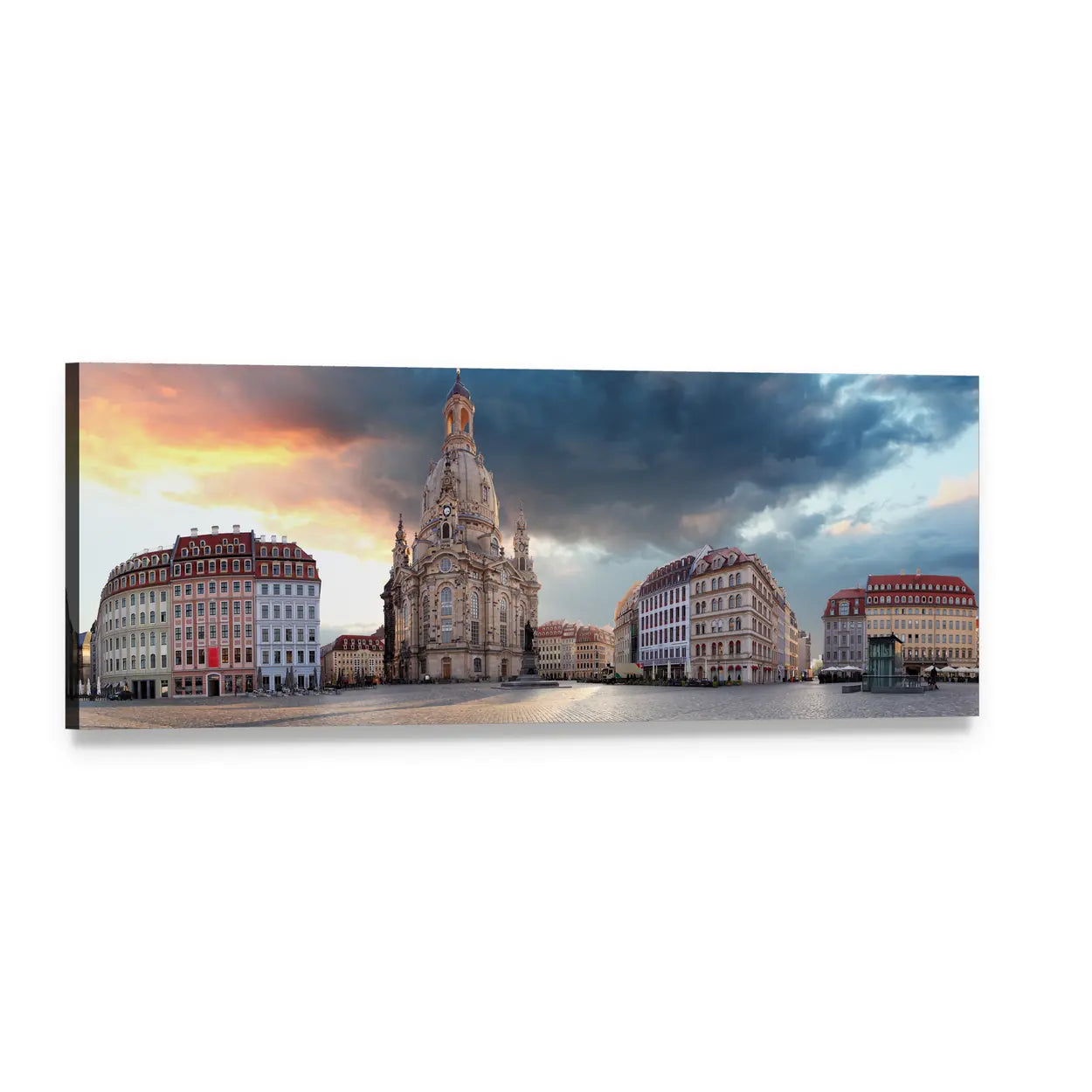 Frauenkirche Dresden at Sunrise Panoramic Canvas Wall Art, single panel gallery wrapped canvas, angled product view