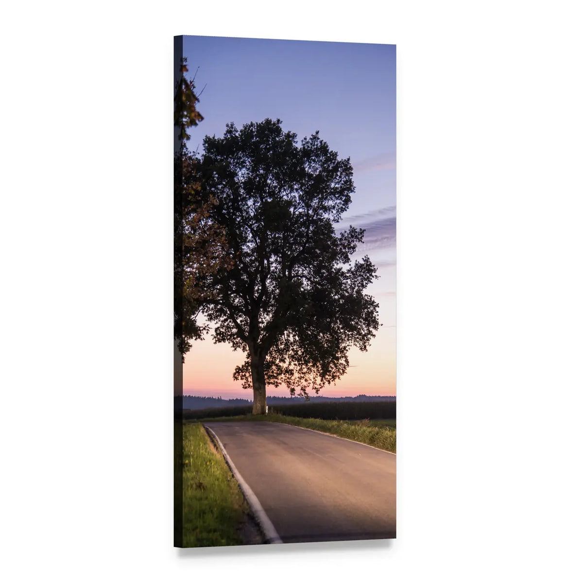 Sunset Tree Beside Curving Road Vertical Canvas Wall Art, 1 panel 1 Vertical layout gallery wrapped canvas set, angled product view