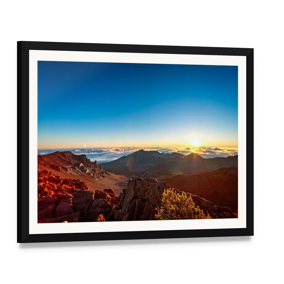 Sunrise Over Haleakala Volcano Crater Canvas Wall Art, framed print with white mat and black frame, angled product view