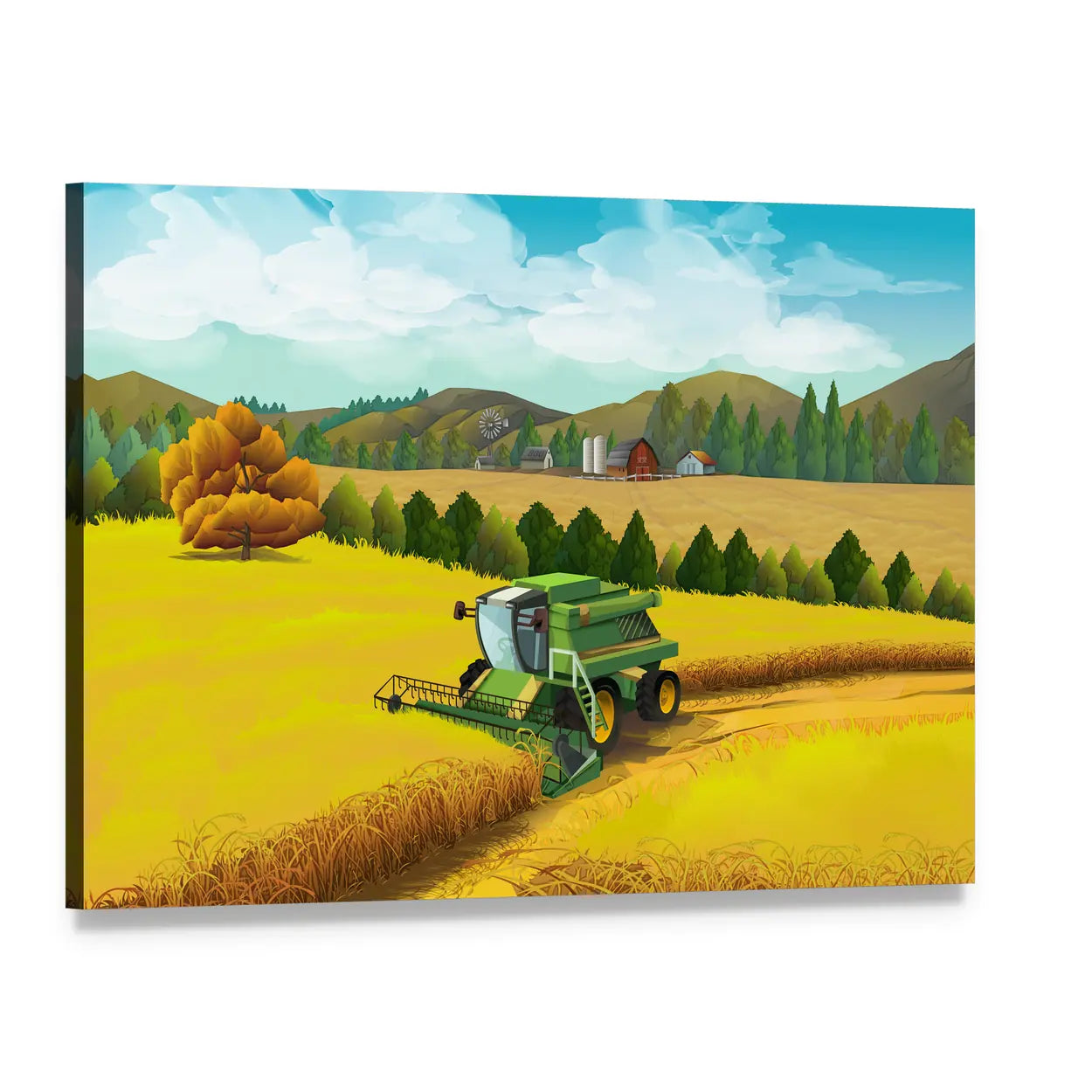 Combine Harvester in Golden Wheat Canvas Wall Art, single panel gallery wrapped canvas, angled product view