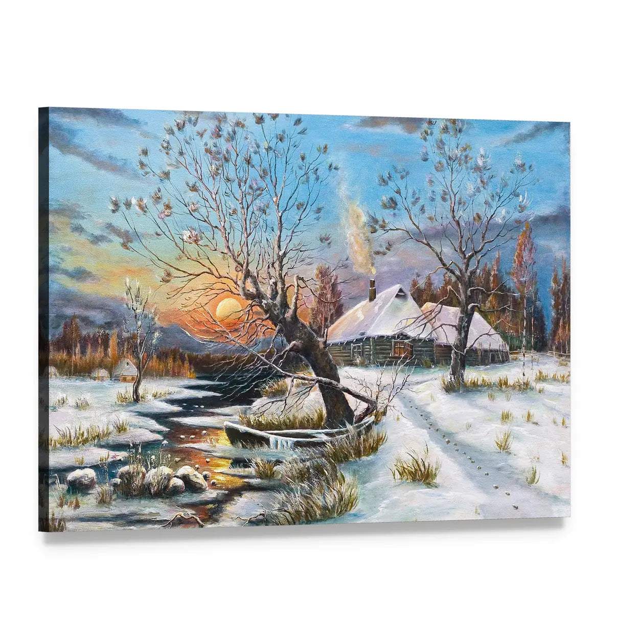 Winter Cabin at Sunset with Rowboat Canvas Wall Art, single panel gallery wrapped canvas, angled product view