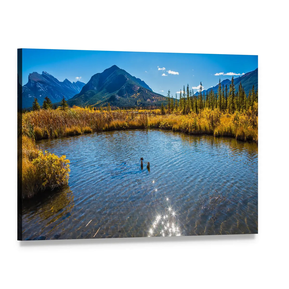 Vermilion Lake Autumn Landscape Canvas Wall Art, single panel gallery wrapped canvas, angled product view