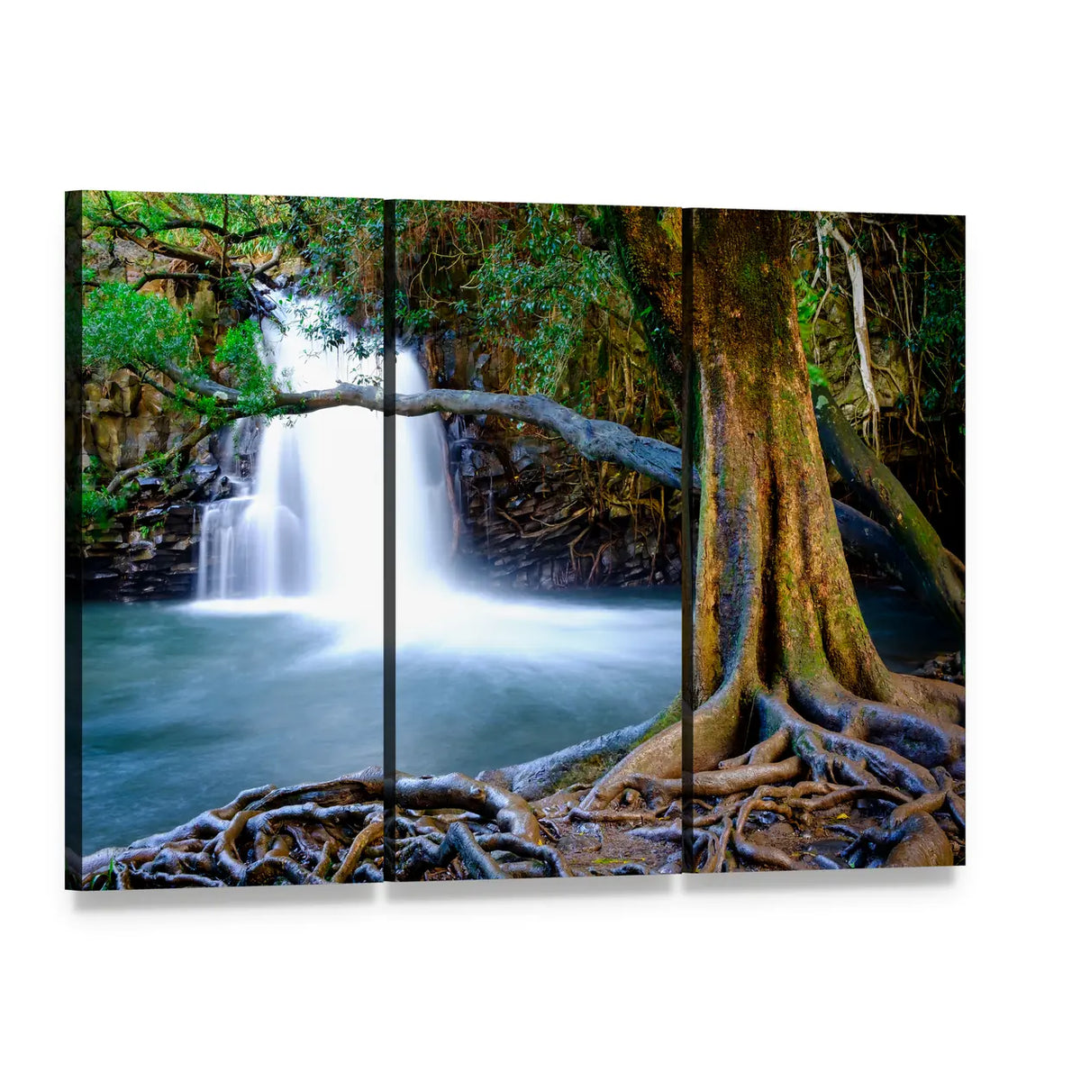 Waterfall with Exposed Tree Roots Canvas Wall Art, 3 panel 3 Horizontal layout gallery wrapped canvas set, angled product view