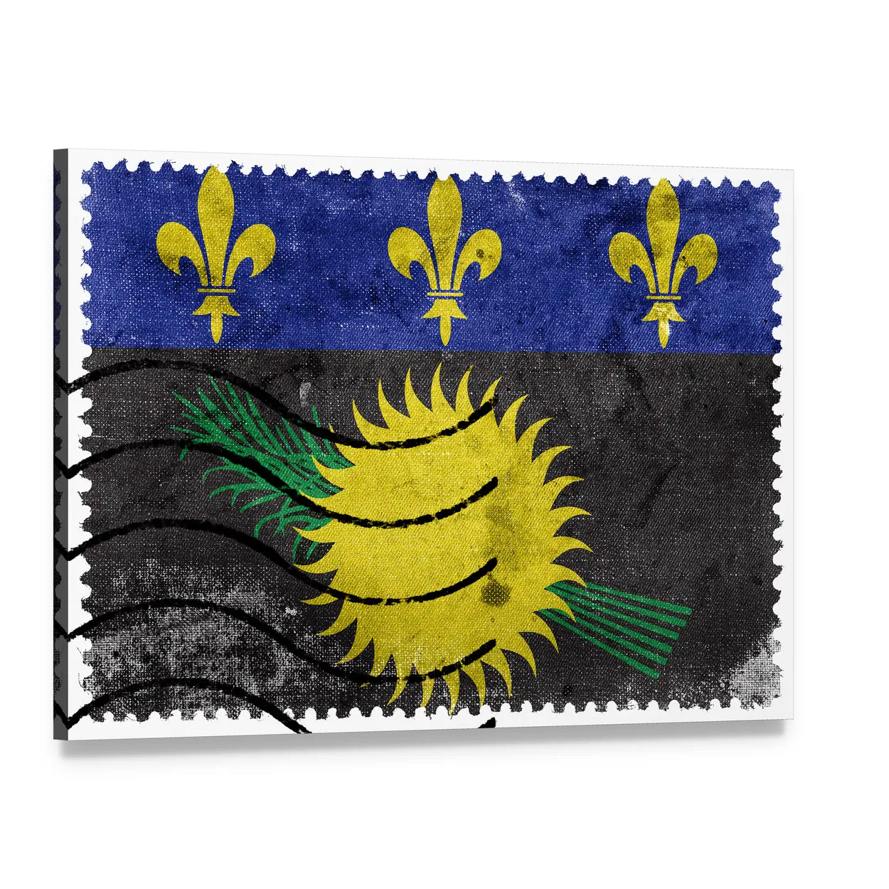 Vintage Guadeloupe Flag Stamp Canvas Wall Art, single panel gallery wrapped canvas, angled product view