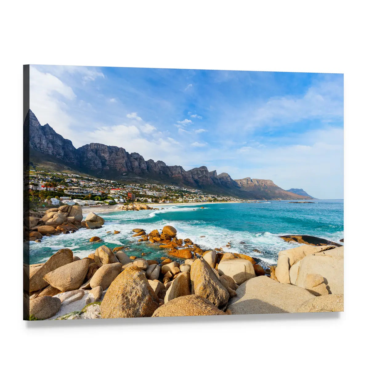 Camps Bay Beach and Mountains Canvas Wall Art, single panel gallery wrapped canvas, angled product view