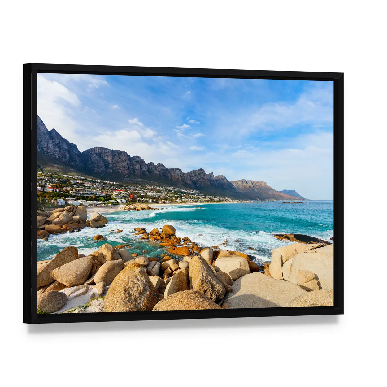 Camps Bay Beach and Mountains Canvas Wall Art, framed canvas in a black floater frame, angled product view