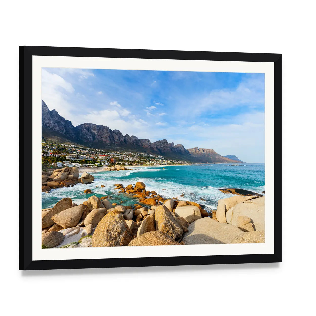 Camps Bay Beach and Mountains Canvas Wall Art, framed print with white mat and black frame, angled product view